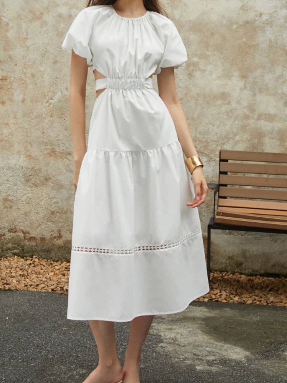 New Commense Midi Dress XS White Cut-out Frenchy Puff‎ Sleeve Knotted Vacation